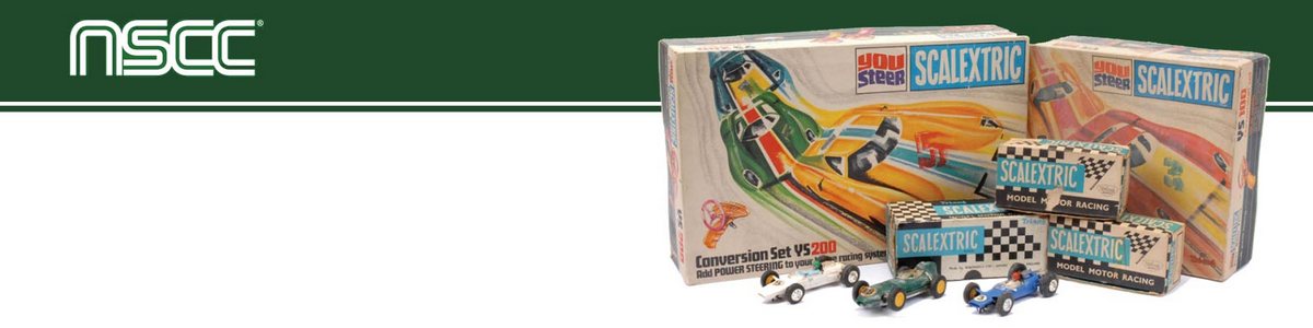 NSCC logo with a range of Scalextric sets and cars