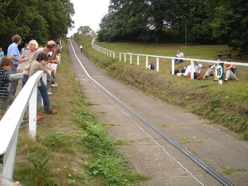 Scalextric track laid up the hill at Brooklands