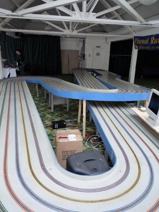A six lane routed wooden slot track