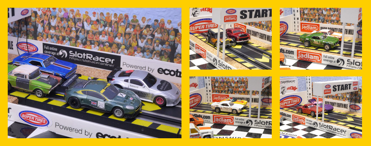 Various HO scale cars on the drag strip