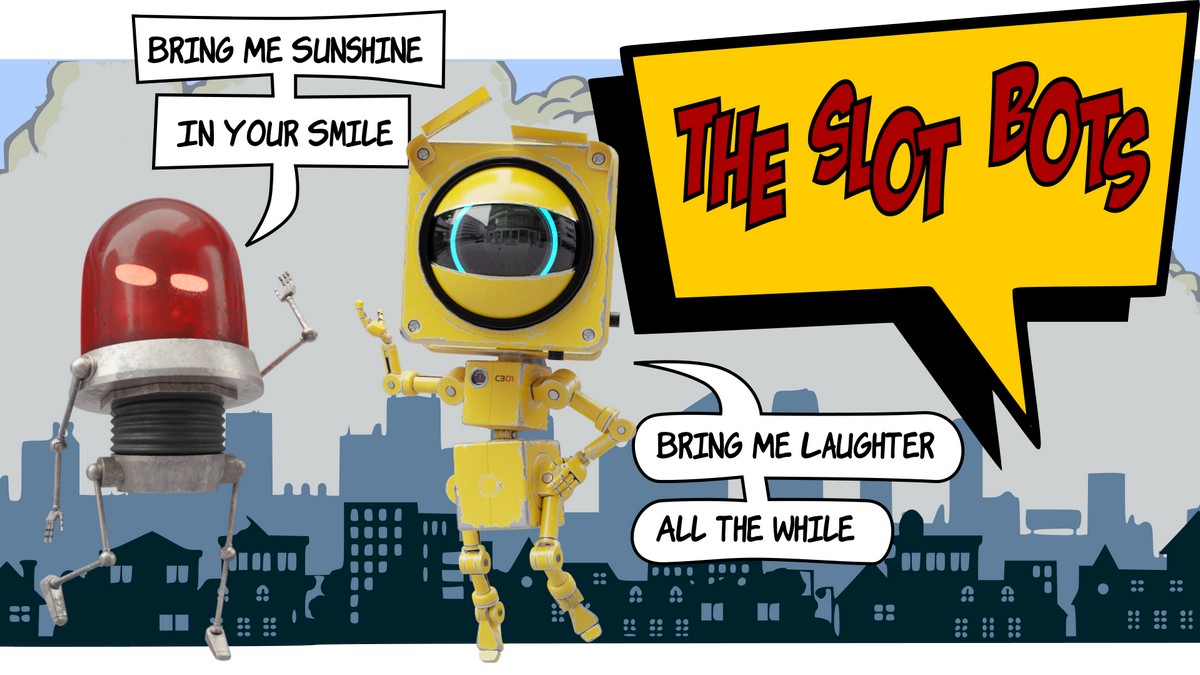 The Slot Bots cartoon with Dashcam and Track Call singing Bring me Sunshine