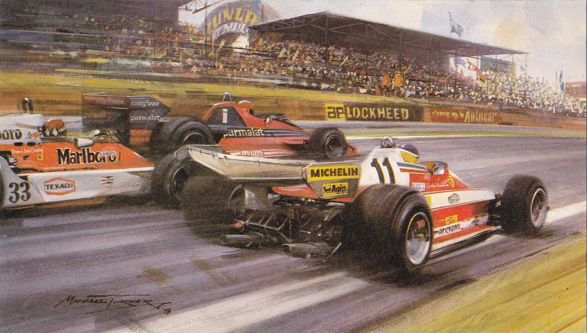 A Ferrari, a Brabham, and a McLaren power past the grandstands