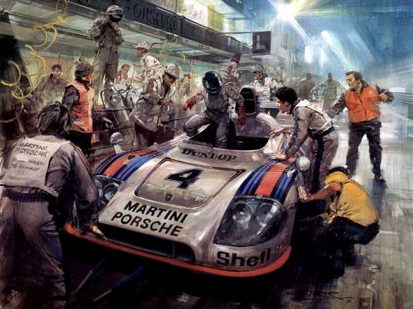 Martini Porsche in the pits at Le Mans