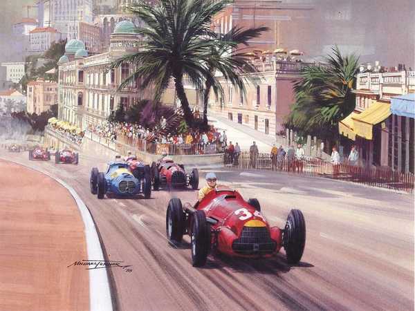 A field of early 50s cars climb the hill at Monte Carlo
