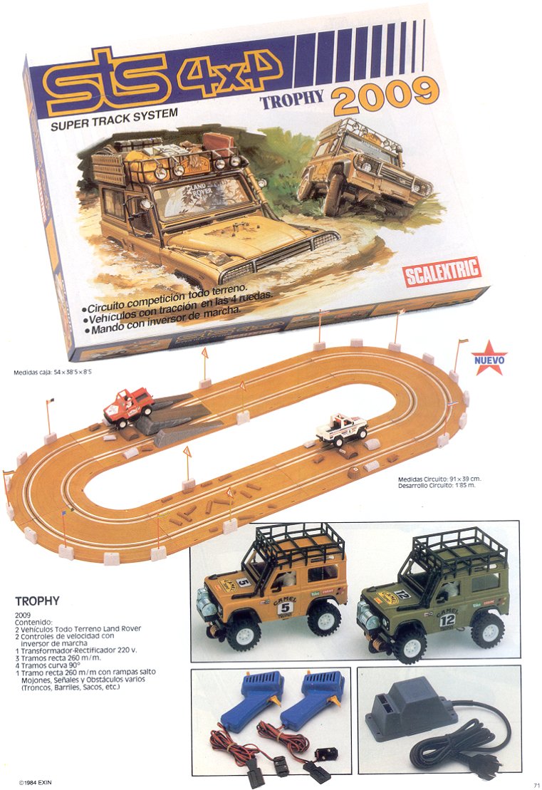 A page from the catalogue featuring the Trophy 2009 set, with box art, oval layout with a ramp jump, and two Land Rovers