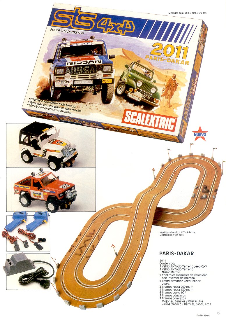A page from the catalogue showing the 2011 Paris Dakar set, with box art, figure of eight track, and Jeep and Nissan set cars.