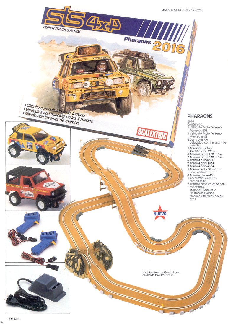 A page from the catalogue showing the 2016 set, with box art, figure of eight layout with a mountain pass and Peugeot and Mercedes cars