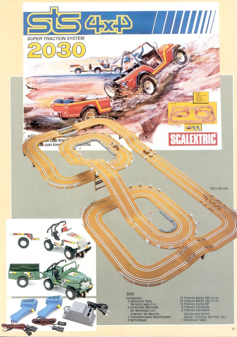 A page from the catalogue showing the 2030 set, with box art, extended flyover track, and two Jeeps