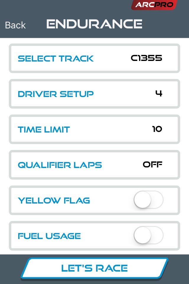 ARC Pro Endurance settings page