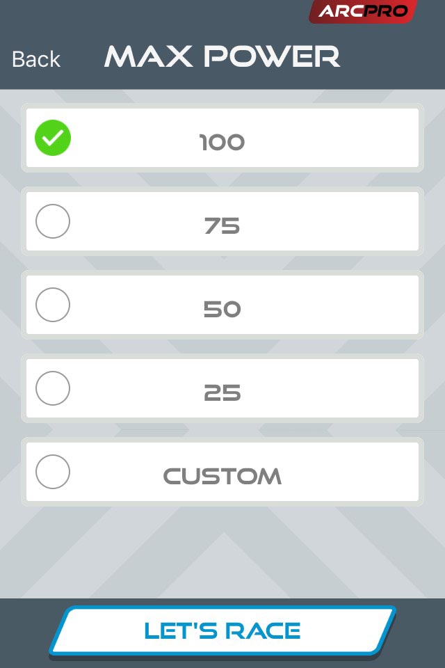 Max Power setting screen