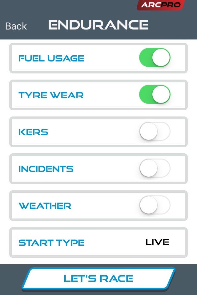 ARC Pro fuel and tyres screen