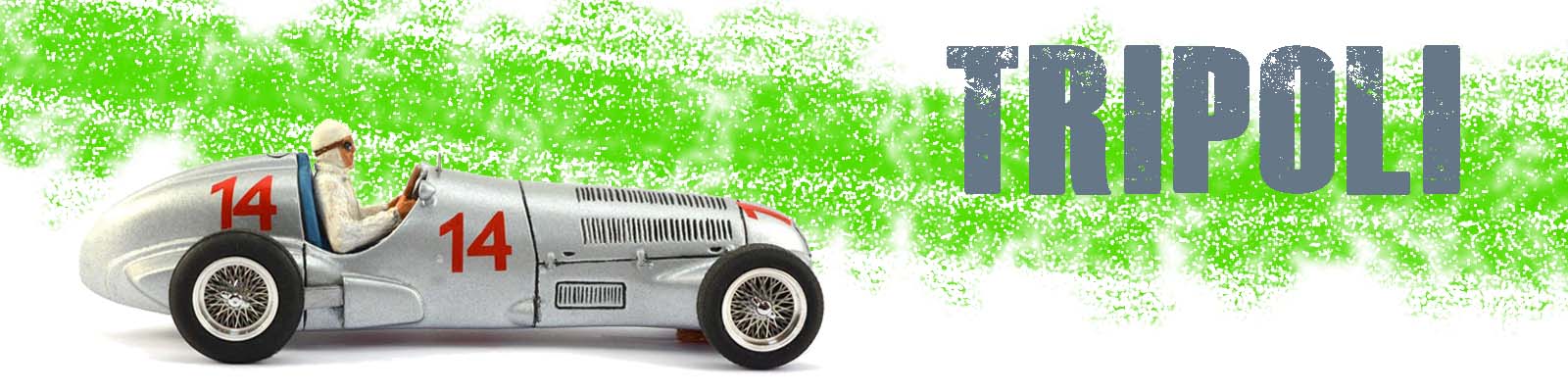 Tripoli text, and a silver Mercedes W125 slot car