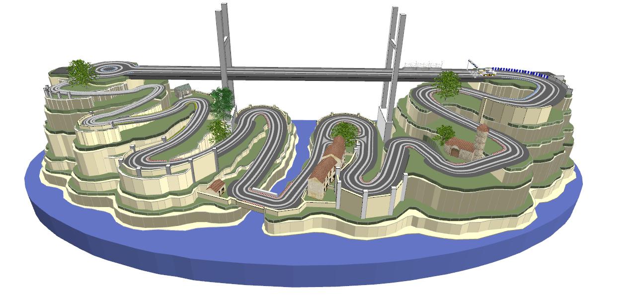 Routed, two lane valley bridge track plan 3d