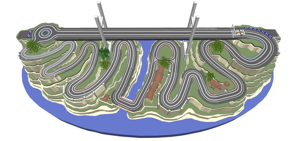 Routed, two lane valley bridge track plan 3d