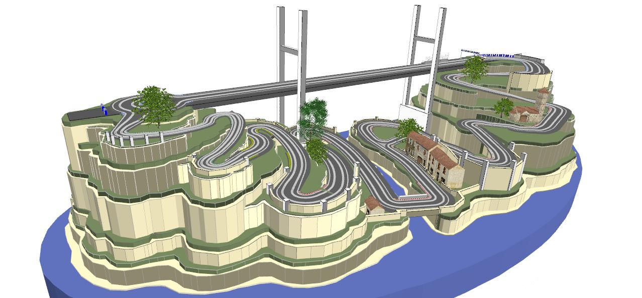 Routed, two lane valley bridge track plan 3d