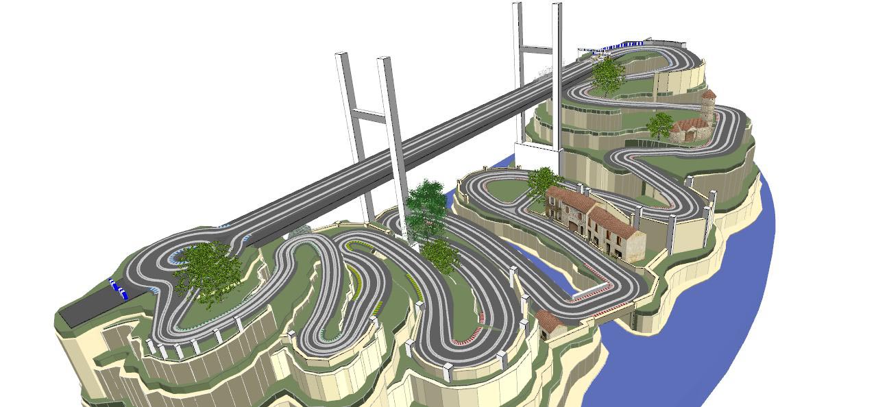 Routed, two lane valley bridge track plan 3d