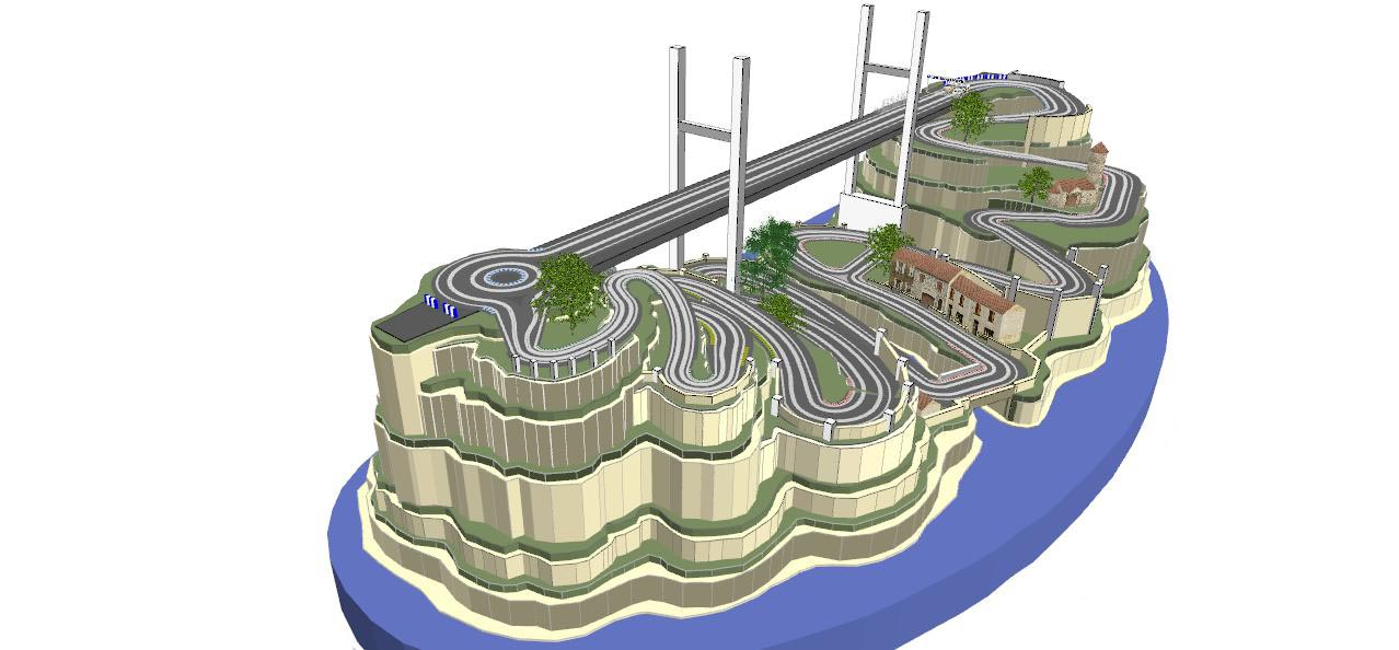 Routed, two lane valley bridge track plan 3d