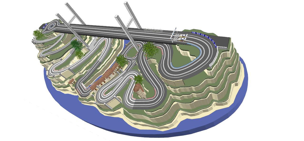Routed, two lane valley bridge track plan 3d