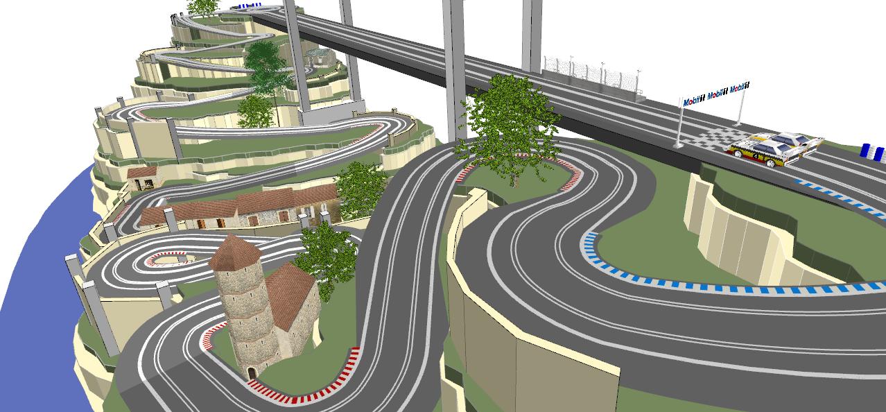 Routed, two lane valley bridge track plan 3d