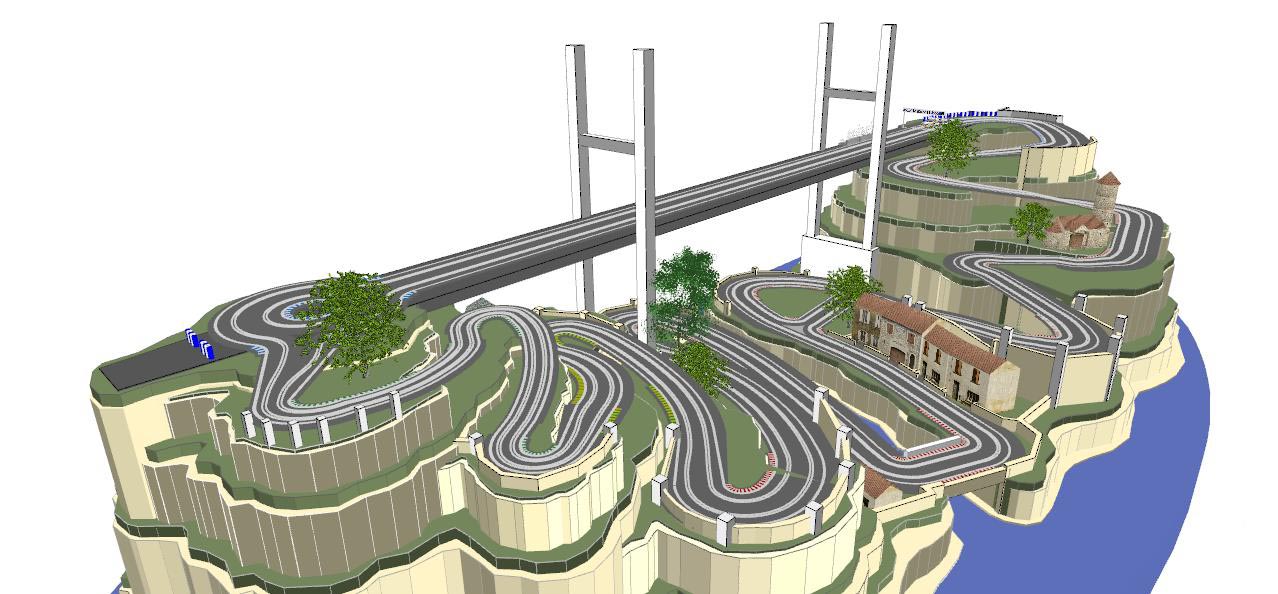 Routed, two lane valley bridge track plan 3d