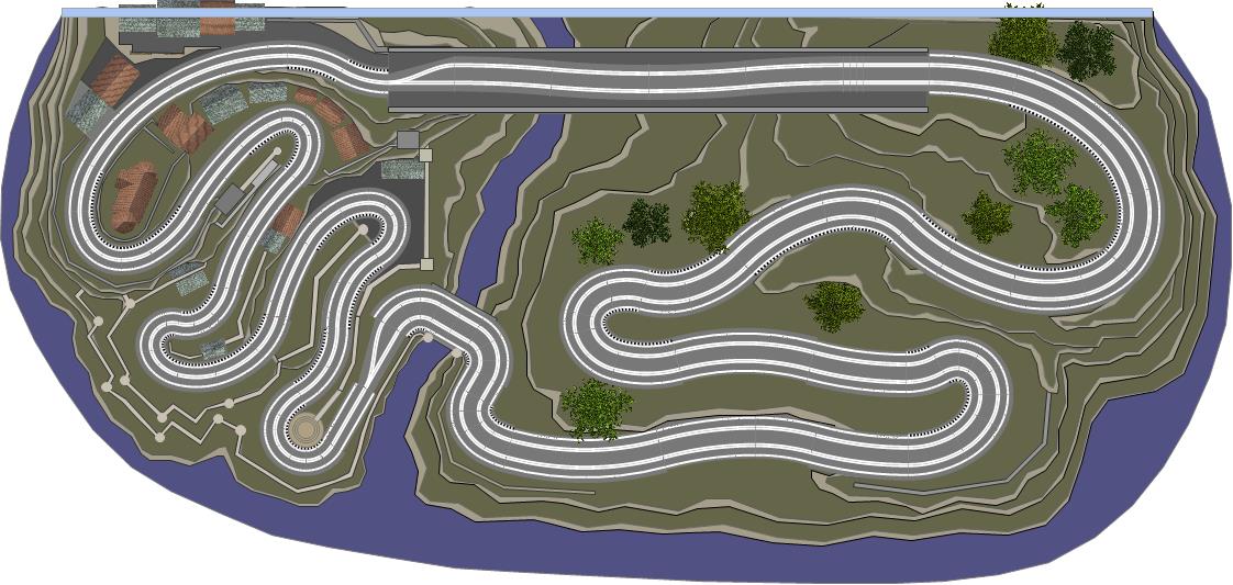 Routed, two lane valley bridge track plan 3d