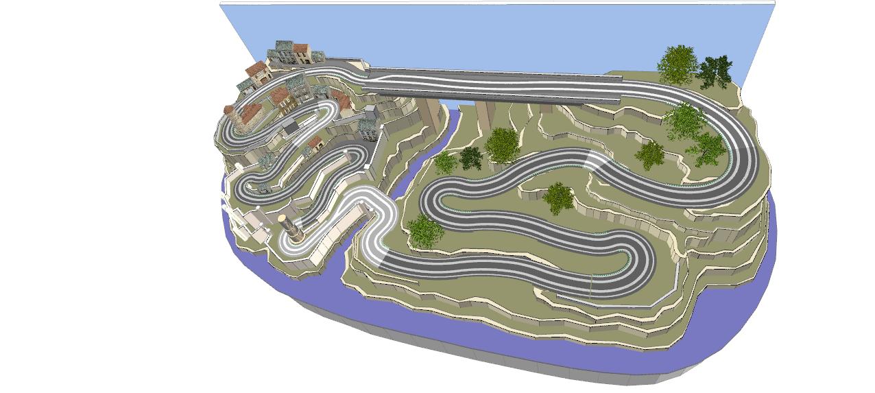 Routed, two lane valley bridge track plan 3d