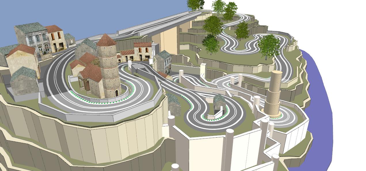 Routed, two lane valley bridge track plan 3d