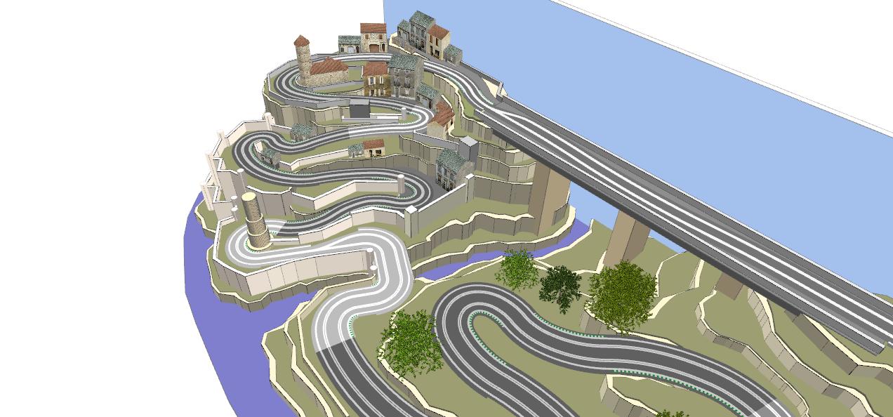 Routed, two lane valley bridge track plan 3d
