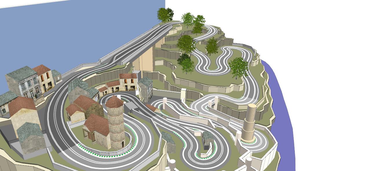Routed, two lane valley bridge track plan 3d
