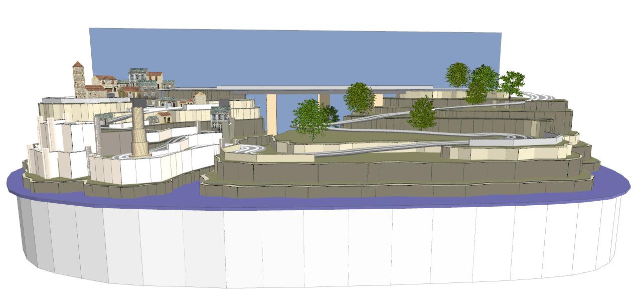Routed, two lane valley bridge track plan 3d