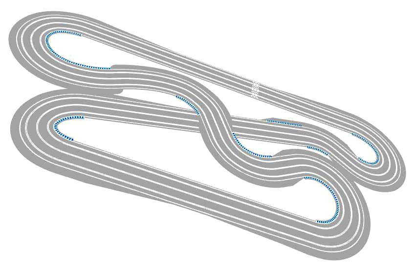 Routed, three lane track plan perspective view
