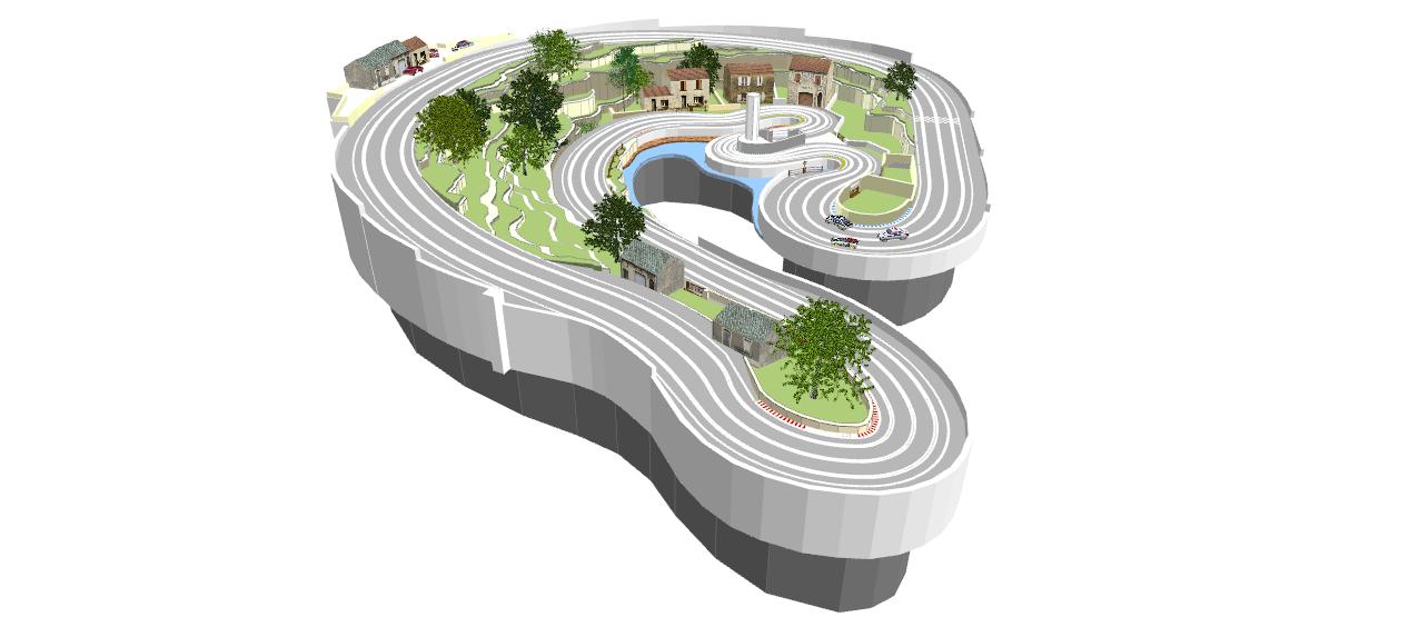 Routed, two lane valley bridge track plan 3d