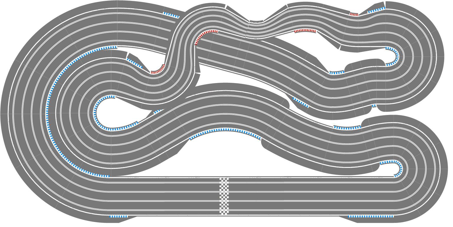 A four lane routed 1/24 slot track layout with equal lane lengths