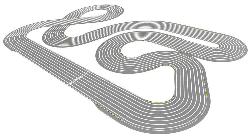 Routed, eight lane club track perspective view