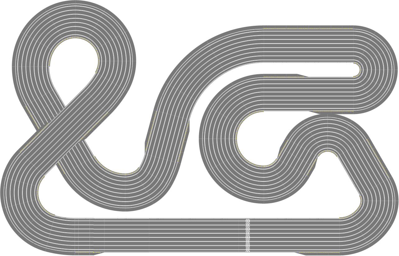Routed, eight lane club track with equal lane lengths