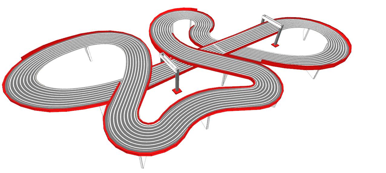 Routed, two lane valley bridge track plan 3d