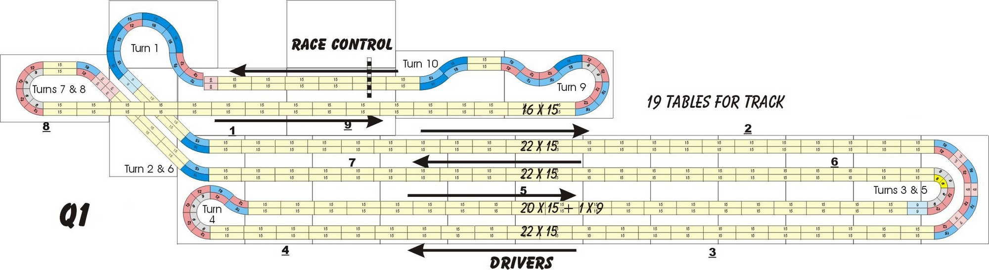 A four lane, Tomy AFX slot track layout