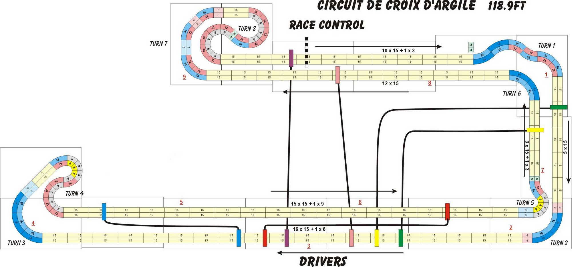 A four lane, Tomy AFX slot track layout