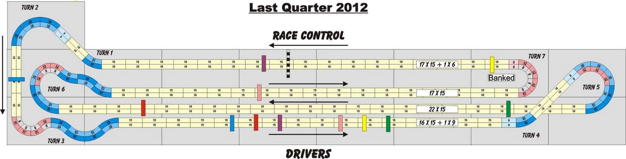 A four lane, Tomy AFX slot track layout