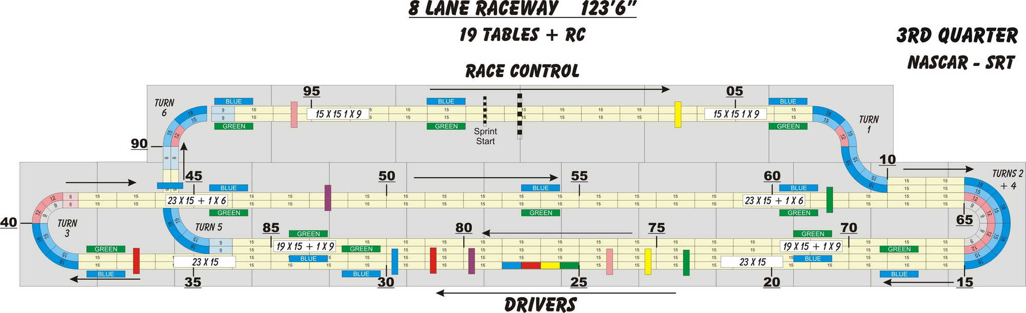 A four lane, Tomy AFX slot track layout