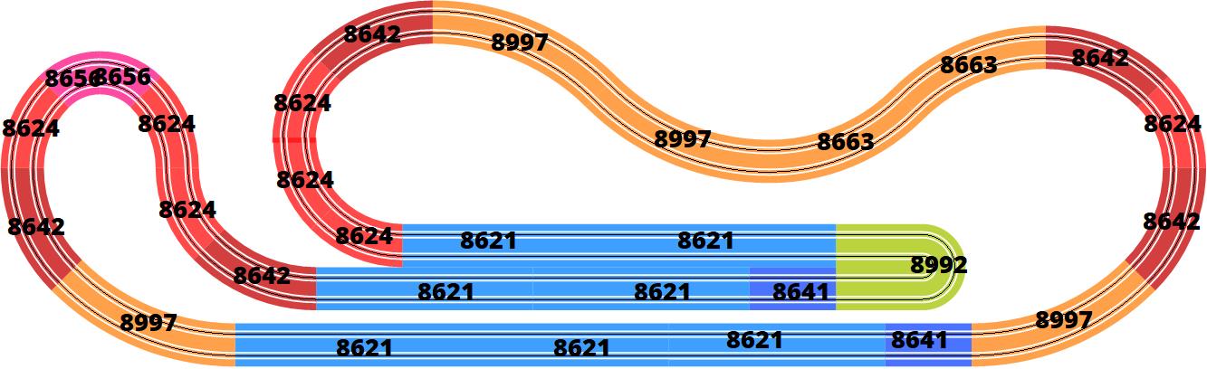 A two lane, Tomy AFX slot track layout colour coded