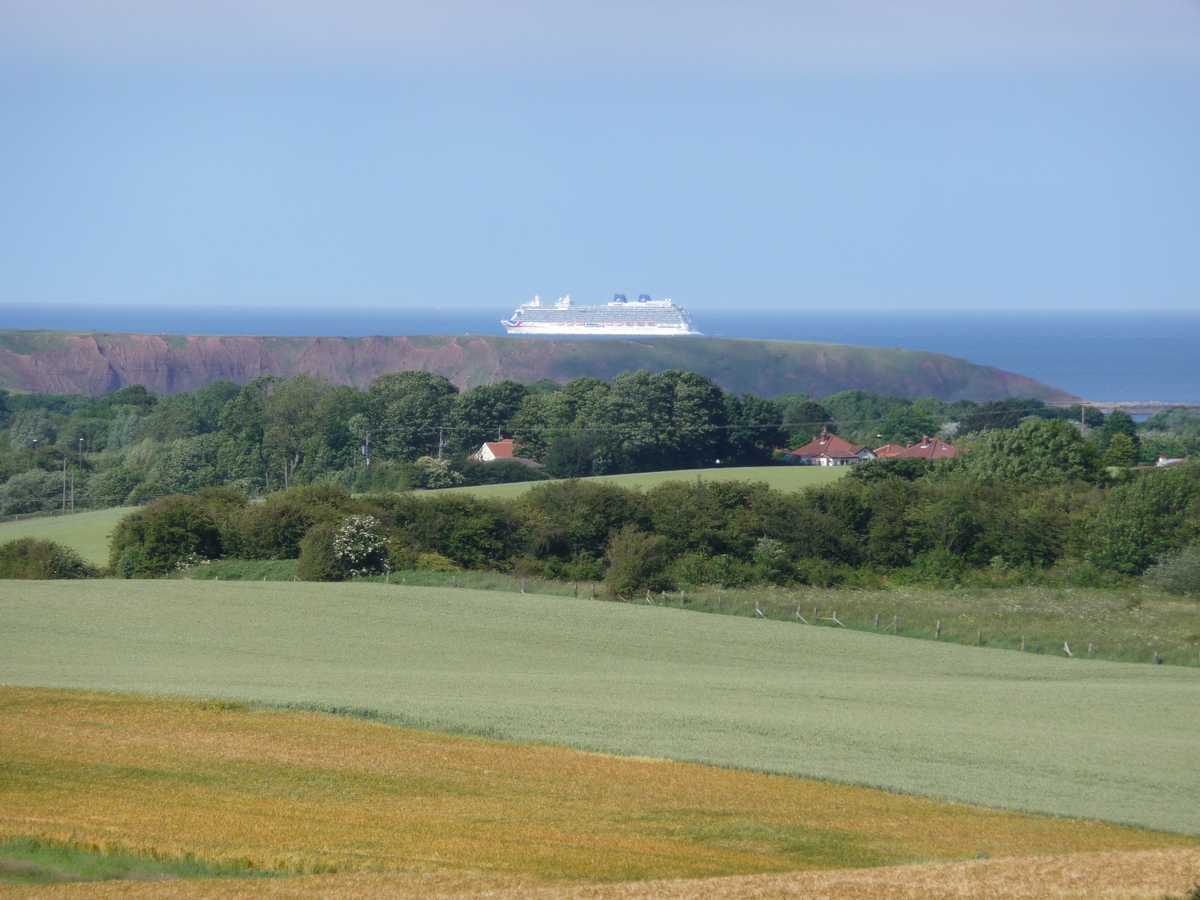 A huge cruise ship passes behind Filey Brigg