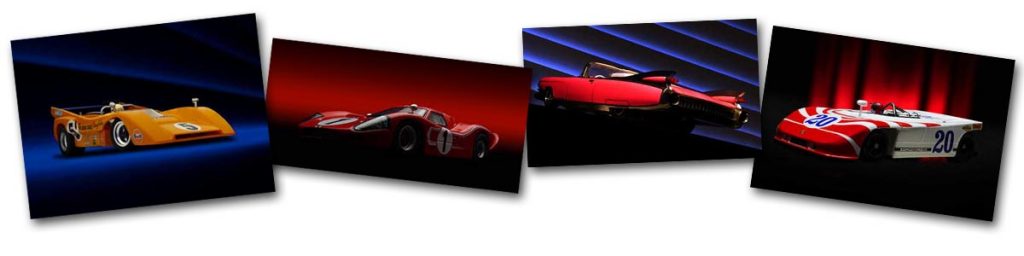 McLaren, Ford, Cadillac, and Porsche slot cars