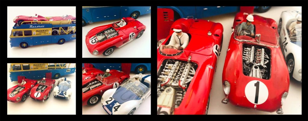 A Maserati transporter and three sports cars