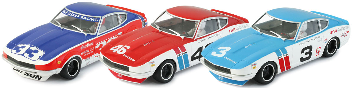 Three BRM Datsun 240z slot cars